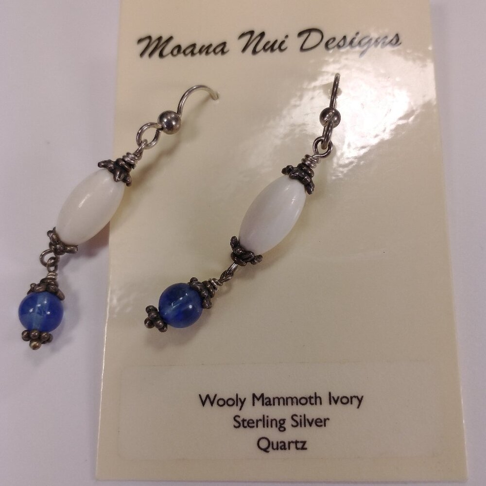 Fossil Wooly Mammoth Bone, Quartz, and Sterling Silver Earrings NWT